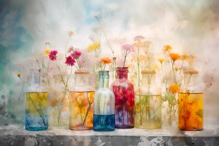 Bunte Blumen in bunten Flaschen, Gemälde, verwaschen, modern, Stillleben, digital
