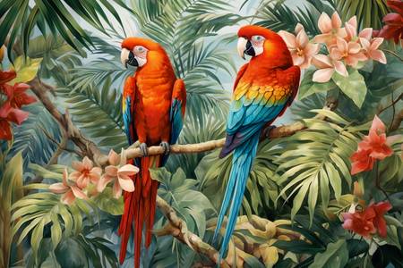 Papageien im Wald, Tropischer Regenwald, Vögel in Natur, Jungle mit Pflanzen und Vögeln
