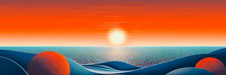 Sonnenuntergang über dem Ozean. Abstrakte Landschaft aus geometrischen Elementen