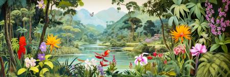Tropische Blumen und Pflanzen umgeben einen ruhig fließenden Fluss, während majestätische Berge am H