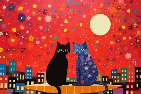 Zwei Katzen auf dem Dach beim Vollmond. Rotes Himmel mit Sternen. Liebe 2023