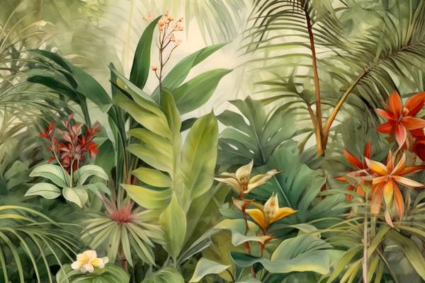 Tropische Blumen im Regenwald. Boho Style. Landschaft mit Blumen van Miro May