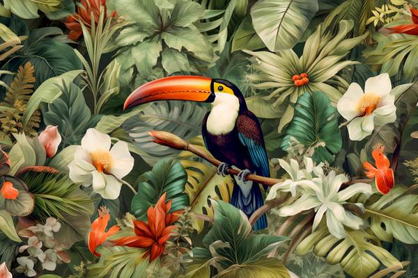 Tukan im Regenwald, Tropischer Regenwald, Tropische Pflanzen, exotische Blumen van Miro May