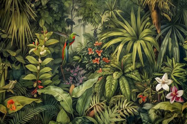 Vogel im Regenwald, Tropischer Regenwald, Traumhafte Natur, Jungle, Pflanzen und Bäume, Landschaft van Miro May