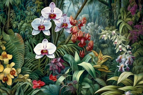 Weisse Orchideen im tropischen Regenwald. Landschaft mit Blumen, Natur, Floral van Miro May