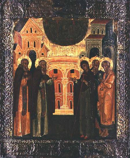 Russian icon of the Miraculous Appearance of the Virgin and the Apostles Peter and Paul to Sergius o van Moscow school