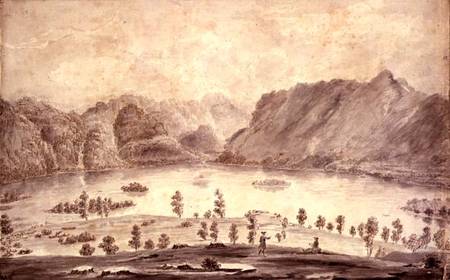 Panoramic View of Derwentwater and the Vale of Keswick, detail of the western side of Derwent Water van Moses Griffith