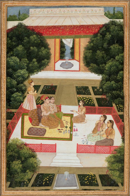 A couple in a garden listening to music with female attendants, from the Small Clive Album van Mughal School