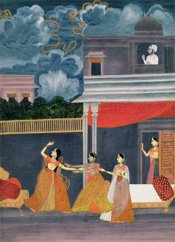 A lady brought in from a storm at night: illustration from the musical mode Madhu Madhavi van Mughal School