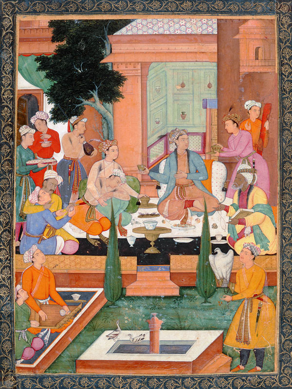 A prince and companions take refreshments and listen to music, from the Small Clive Album van Mughal School