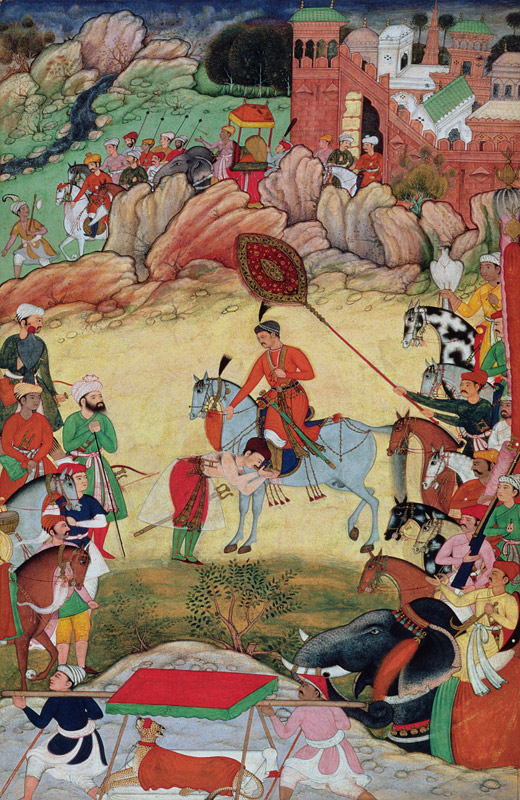 Adham Khan paying homage to Akbar at Sarangpur, Central India, in 1560 or 1561, from the 'Akbarnama' van Mughal School