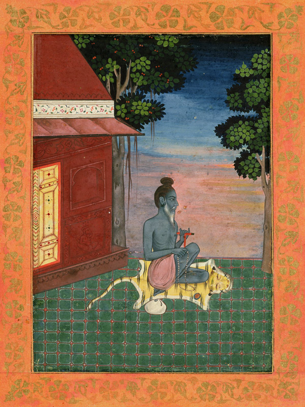 Aged ascetic seated on a tiger skin outside a building, from the Large Clive Album van Mughal School