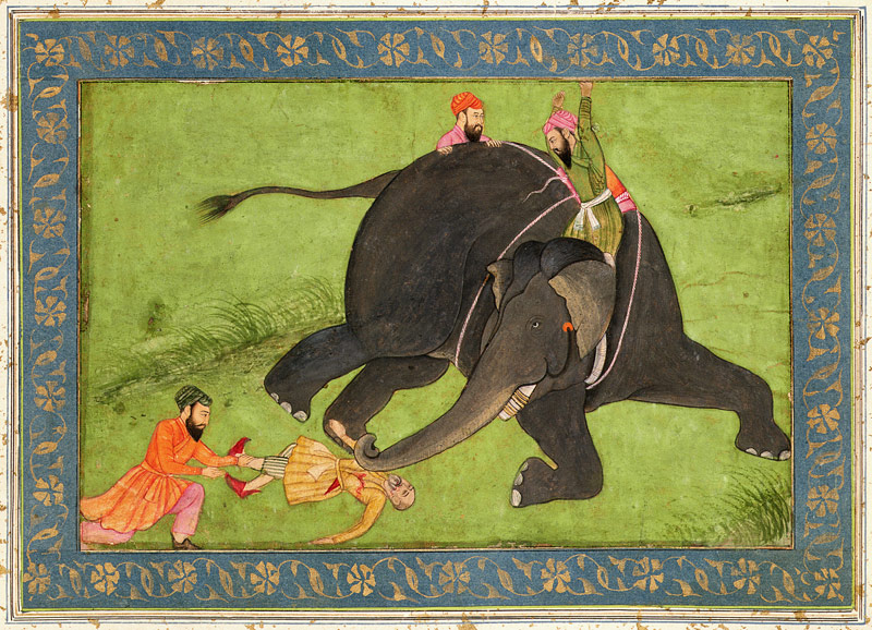 Attendants rescue a fallen man from an enraged elephant, from the Large Clive Album van Mughal School
