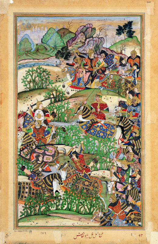 Emperor Akbar (r.1556-1605) at the battle of Samal in 1572, from the 'Akbarnama' made by Abu'l Fazi van Mughal School