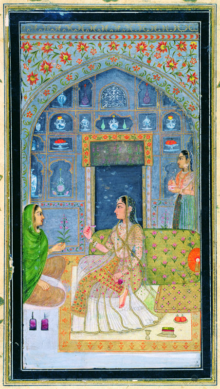 Lady seated in a Pavilion with attendants, from the Small Clive Album van Mughal School