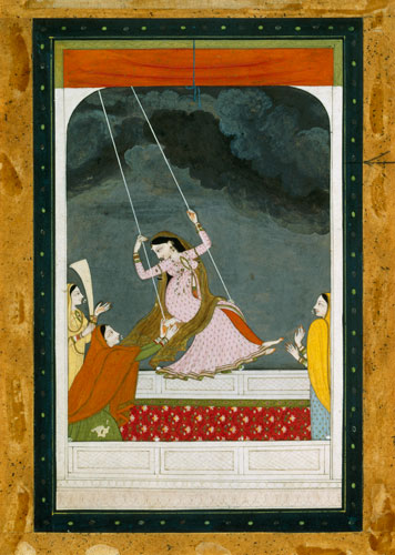 A lady on a swing, Kangra Punjab hills van Mughal School