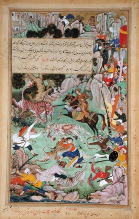 Akbar tiger hunting near Nawar, Gwalior in 1561 van Mughal School