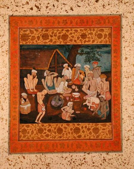 Assembly of fakirs preparing bhang and ganja, from the Large Clive Album van Mughal School