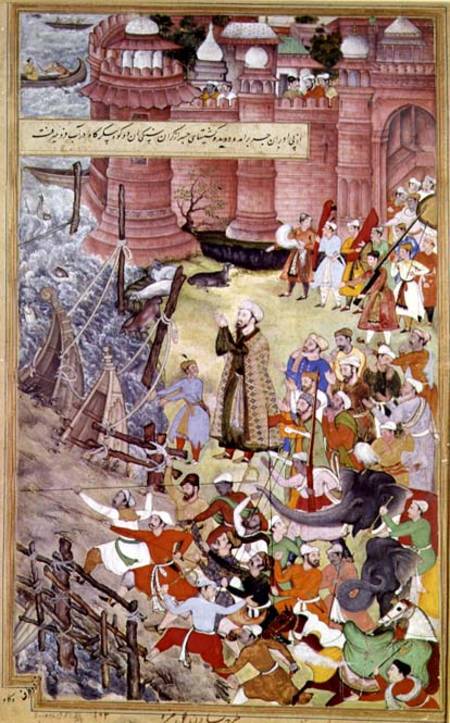 A Bridge of boats broken by Akbar (r.1556-1605) on his elephant while crossing the river Jumna, from van Mughal School