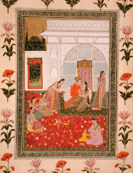 Couple with female attendants and musicians, from the Small Clive Album van Mughal School