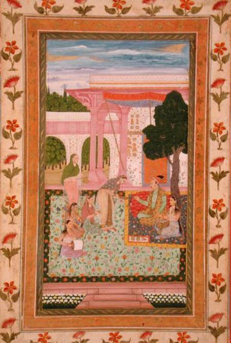 Emperor Jahangir (1569-1627) with his consort and attendants in a garden, from the Small Clive Album van Mughal School