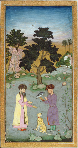 Falconer with companion and pet cheetah, from the Small Clive Album van Mughal School