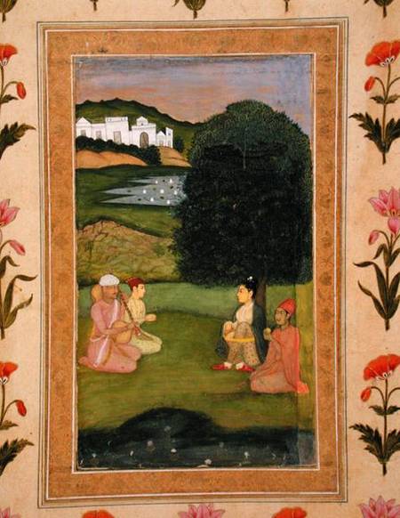 Lady and attendant listening to music at sunset, from the Small Clive Album van Mughal School