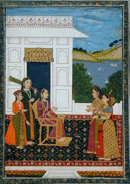 A lady with attendants on a terrace, from the Small Clive Album van Mughal School