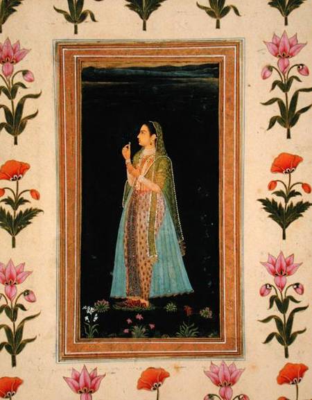 Lady holding a blossom, from the Small Clive Album van Mughal School