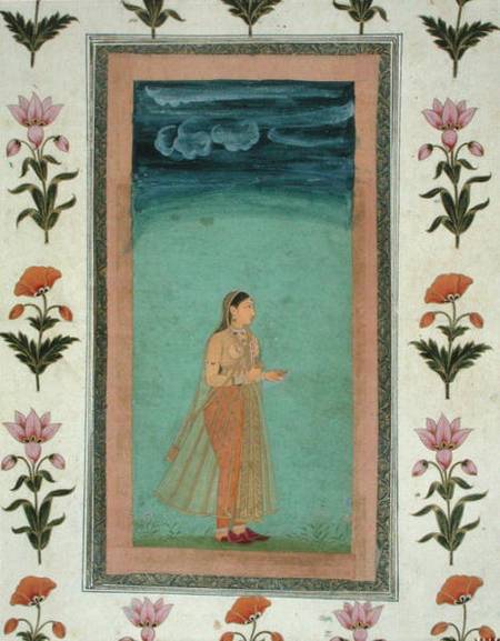 Lady holding a flower, from the Small Clive Album van Mughal School