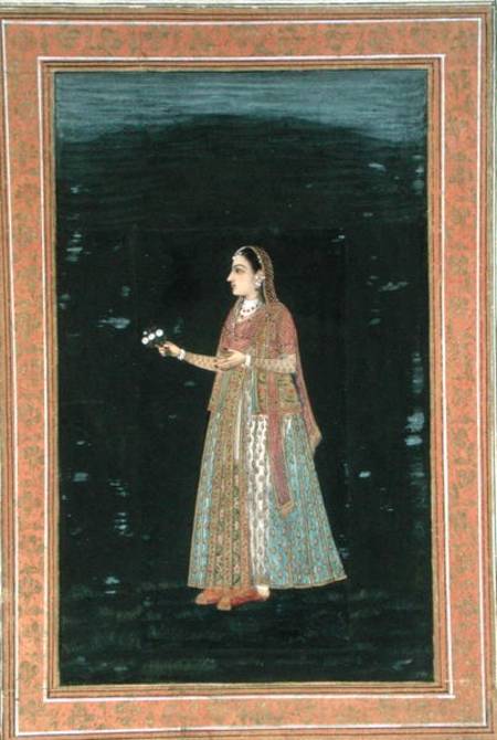Lady holding flowers, from the Small Clive Album van Mughal School