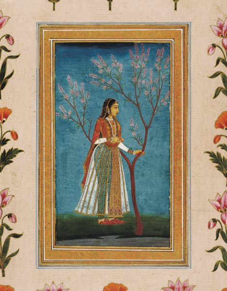 Lady standing by a tree in blossom, from the Small Clive Album van Mughal School