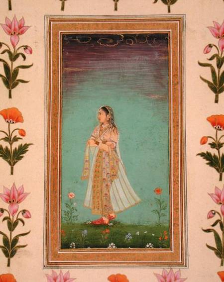 Lady walking through flowers, from the Small Clive Album van Mughal School
