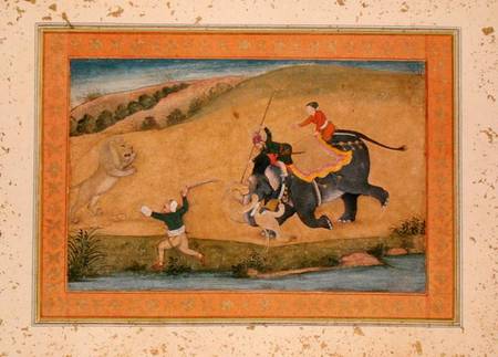 Three men lion hunting, from the Large Clive Album van Mughal School