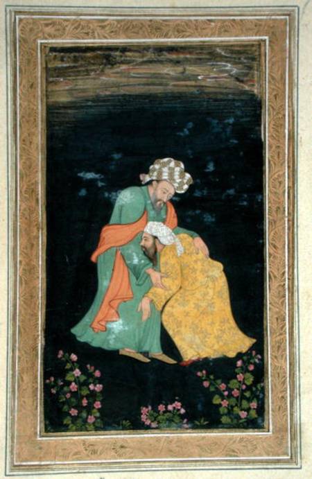 A Mullah bowing down to a man in Iranian dress who lifts him up from his supplication, from the Smal van Mughal School