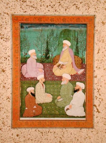 Six Muslim holy men seated on a garden terrace, from the Large Clive Album van Mughal School