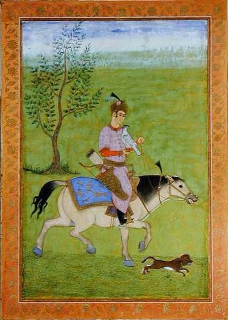 A prince hawking on horseback, from the Large Clive Album  on van Mughal School