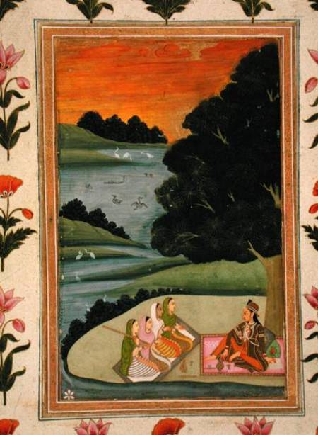 A Princess listening to female musicians by a river at sunset, from the Small Clive Album van Mughal School