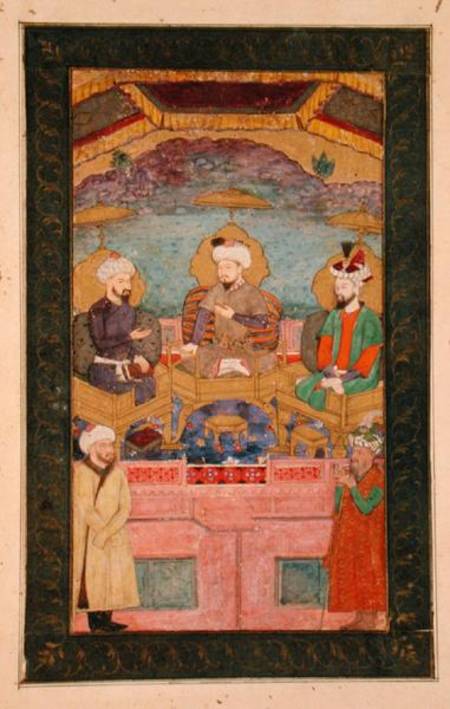 Timur (1336-1405), Babur (1483-1530, r.1526-30) and Humayan (1508-56, r.1530-56) enthroned together, van Mughal School