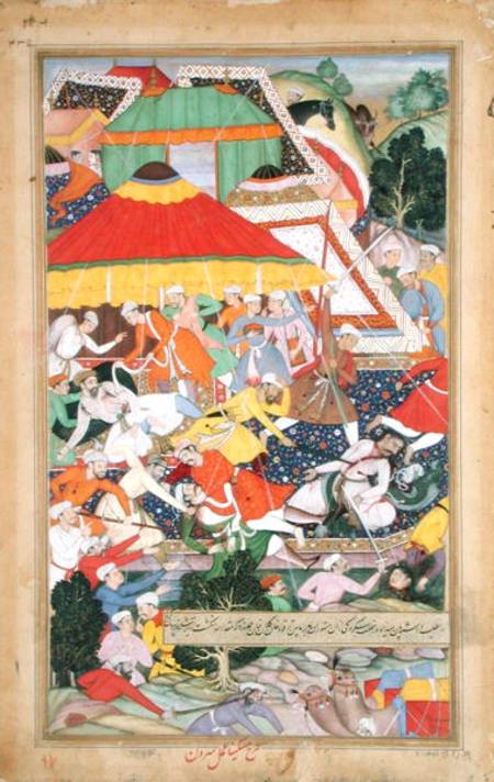 The Wounding of Kilan Khan by a Rajiput during his march to Gujerat in 1573, from the 'Akbarnama' ma van Mughal School