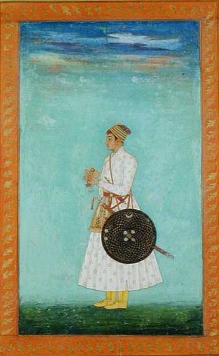 A young nobleman of the Mughal court holding a sealed brocade envelope,  from the Large Clive Album van Mughal School