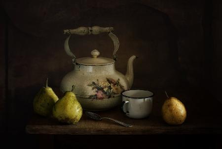 Still life with pears and a kettle. Vintage.