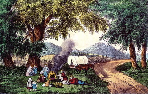 A Halt by the Wayside (print) 9:picnic; cauldron; sisters; pipe; covered wagon; settlers; American; van N. Currier