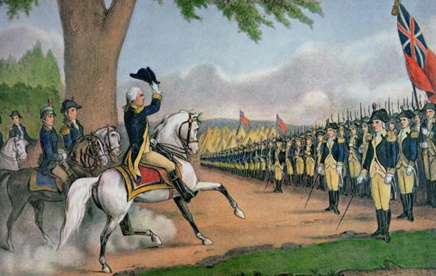 George Washington (1732-99) taking command of the American Army at Cambridge, Massachusetts, 3 July van N. Currier