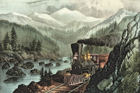 The Route to California. Truckee River, Sierra Nevada. Central Pacific railway van N. Currier