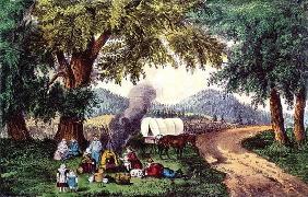 A Halt by the Wayside (print) 9:picnic; cauldron; sisters; pipe; covered wagon; settlers; American;