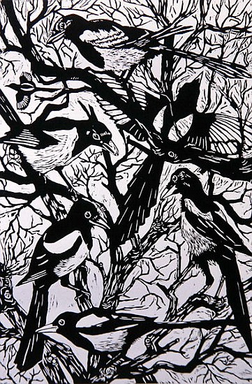 Magpies, 1997 (woodcut)  van Nat  Morley