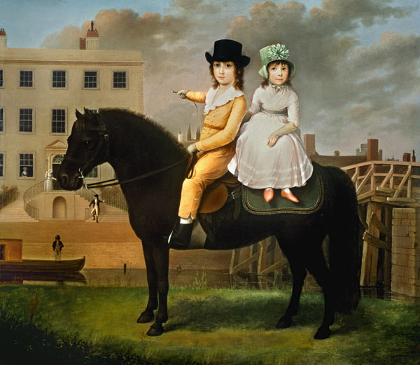 Two Children Seated On A Black Pony van Nathan Theodore Fielding