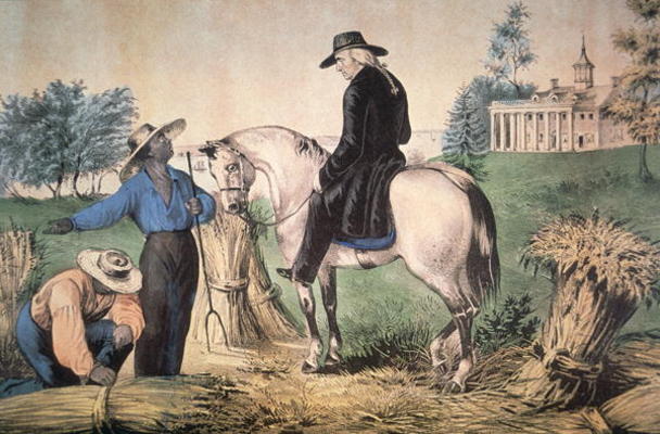 George Washington (1732-99) on his Mount Vernon estate with his black field workers in 1757, publish van Nathaniel Currier