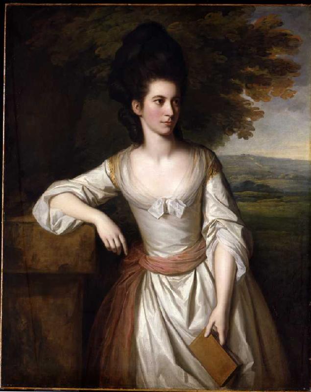 Mrs. Vere in einem weißen Kleid mit pinker Schleife, ein Buch in ihrer Linken haltend, eine Landscha van Nathaniel Dance